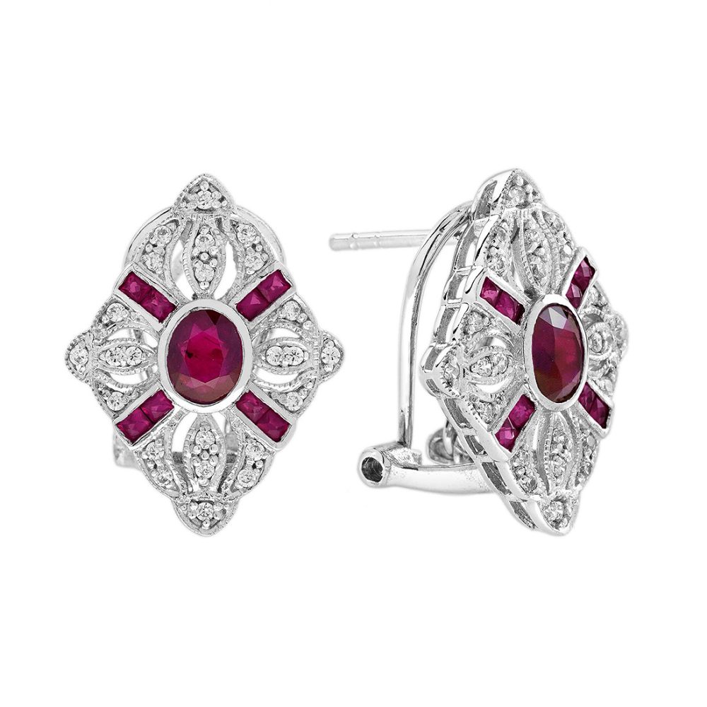 Ruby Diamond Stud Earrings, Geometric Design, Solid Gold by Lilly M. JEWELERS