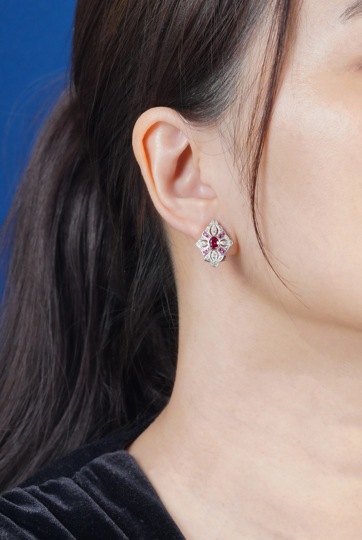 ruby-diamond-geometric-stud-earrings-18k-white-gold-on-body-front-distant Ruby Diamond Geometric Stud Earrings on Body Front Distant