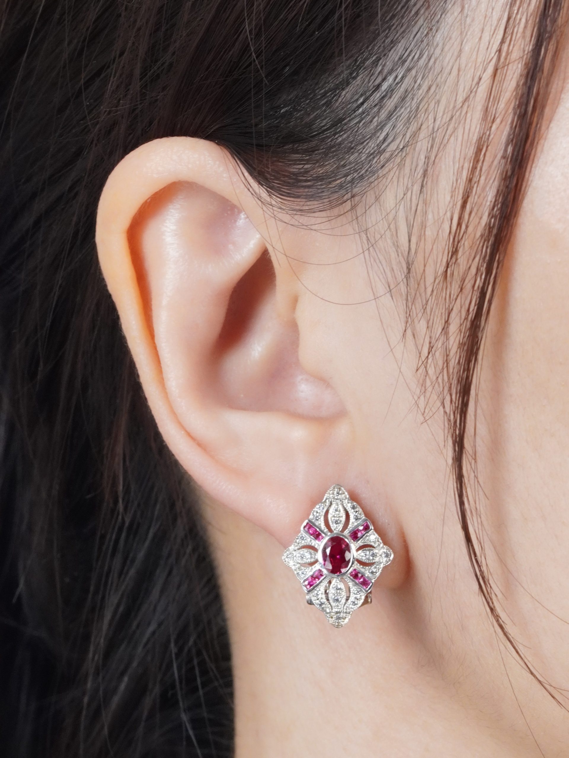 ruby-diamond-geometric-stud-earrings-18k-white-gold-on-body-front-near Ruby Diamond Geometric Stud Earrings Front Near