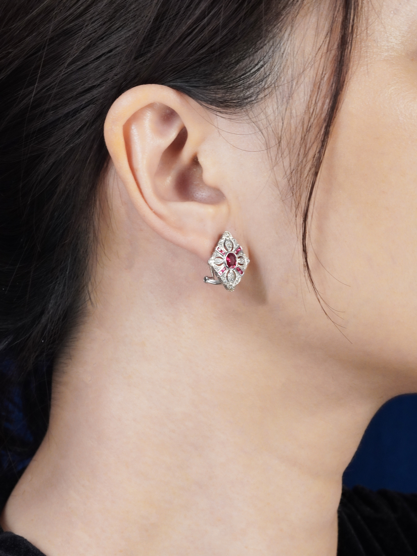 ruby-diamond-geometric-stud-earrings-18k-white-gold-on-body-side-distant Ruby Diamond Geometric Stud Earrings Side Distant