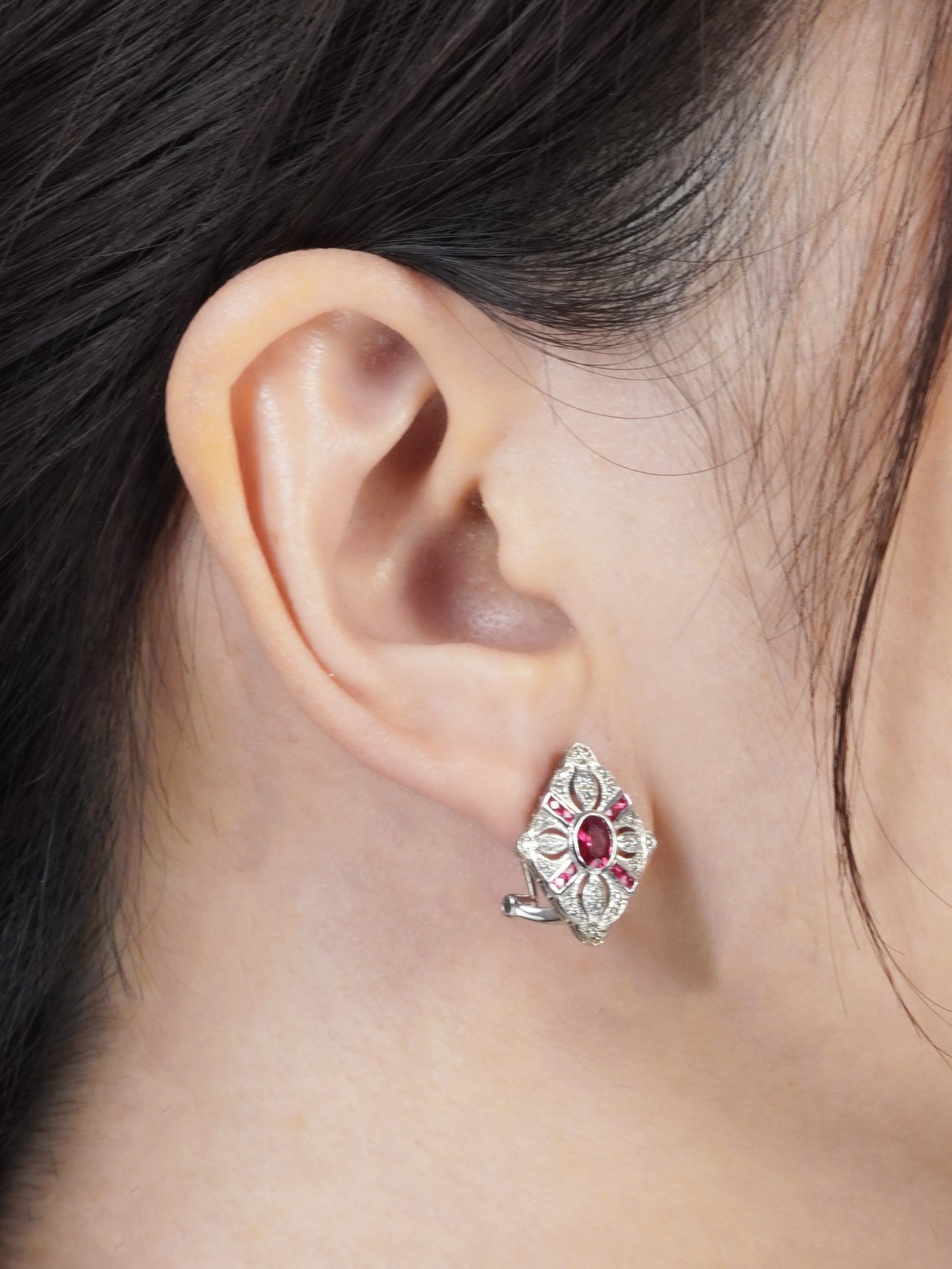 ruby-diamond-geometric-stud-earrings-18k-white-gold-on-body-side-near Ruby Diamond Geometric Stud Earrings Side Near